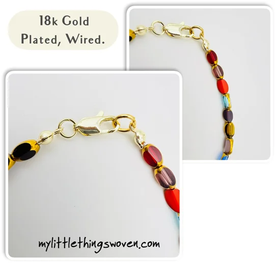 Faceted Oval Multi-coloured Glass Beaded Bracelet, Gold Plated, Handmade.