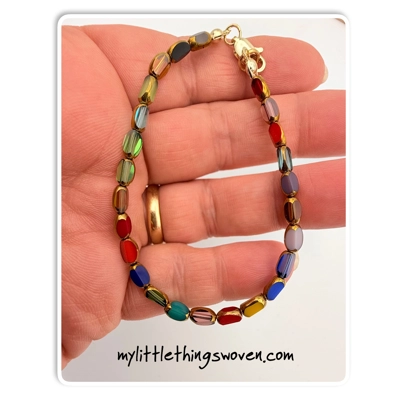Faceted Oval Multi-coloured Glass Beaded Bracelet, Gold Plated, Handmade. Faceted Oval Multi-coloured Glass Beaded Bracelet, Gold Plated, Handmade.