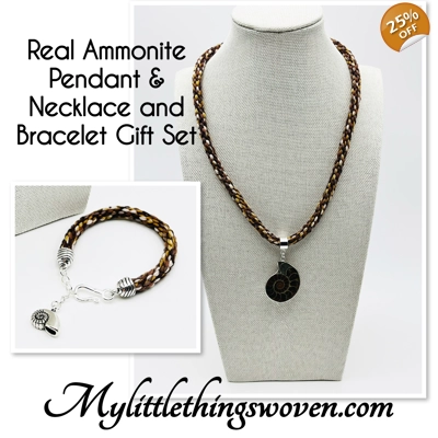 Ammonite Fossil Jewellery Set, Kumihimo Braid, Handmade, Brown/Silver