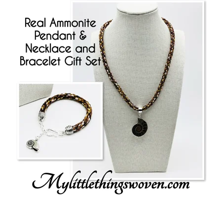 Ammonite Fossil Jewellery Set, Kumihimo Braid, Handmade, Brown/Silver