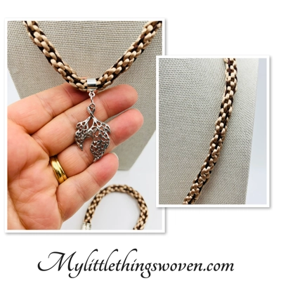 Beige and Brown Necklace + Leaf Pendant & Bracelet + Feather Charm Set