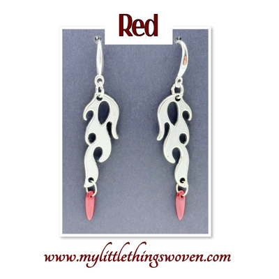 Real Silver Flame Dangle Drop Beaded Earrings in Red or Black