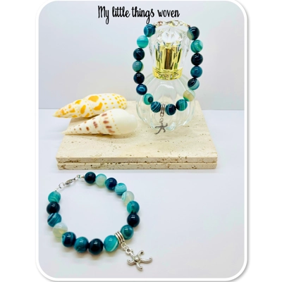Blue natural stone striped agate beaded bracelet & starfish dangle charm silver