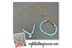 Butterfly Pendant & Necklace and Bracelet Set, Blue, Braided, Gold, Handmade
