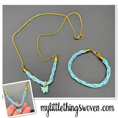 Butterfly Pendant & Necklace and Bracelet Set, Blue, Braided, Gold, Handmade