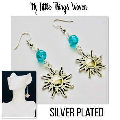 Silver Plated Turquoise Beaded Earrings with Sunburst Charm. Dangle Drop Boho Earrings