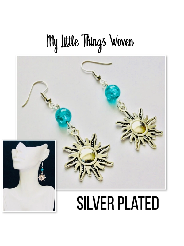 Silver Plated Turquoise Beaded Earrings with Sunburst Charm. Dangle Drop Boho Earrings