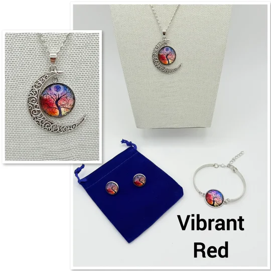 Glass Cabochon Tree of Life Necklace, Earrings & Bracelet 3 Piece Set in choice of colours