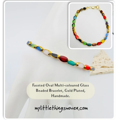 Faceted Oval Multi-coloured Glass Beaded Bracelet, Gold Plated, Handmade. Faceted Oval Multi-coloured Glass Beaded Bracelet, Gold Plated, Handmade.