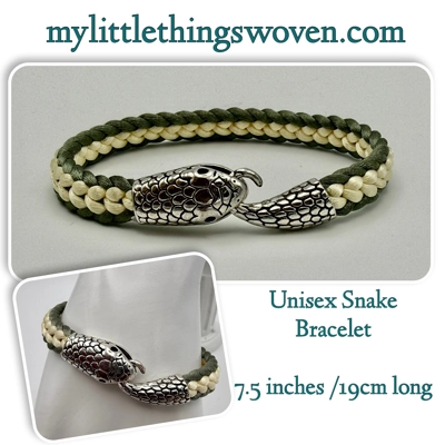Men's Green & Cream Flat Braided Silver Snake Bracelet