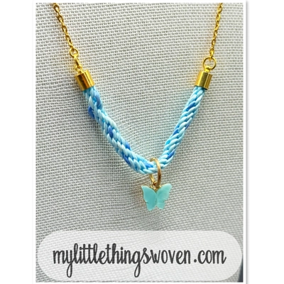 Butterfly Pendant & Necklace and Bracelet Set, Blue, Braided, Gold, Handmade