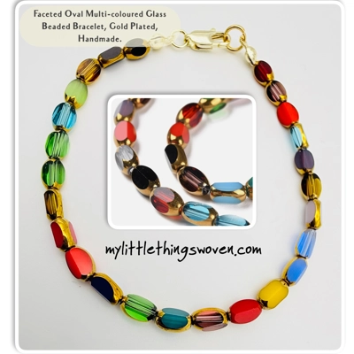 Faceted Oval Multi-coloured Glass Beaded Bracelet, Gold Plated, Handmade.