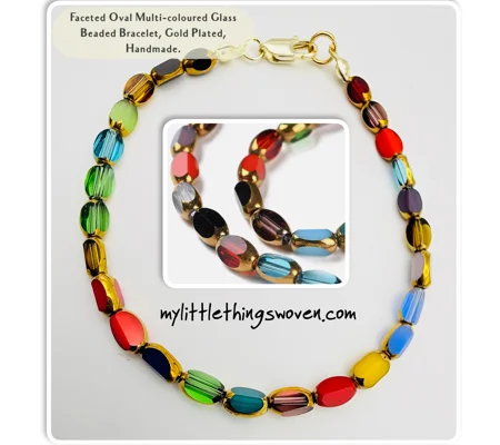 Faceted Oval Multi-coloured Glass Beaded Bracelet, Gold Plated, Handmade.
