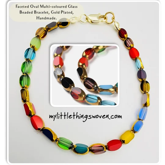 Faceted Oval Multi-coloured Glass Beaded Bracelet, Gold Plated, Handmade.
