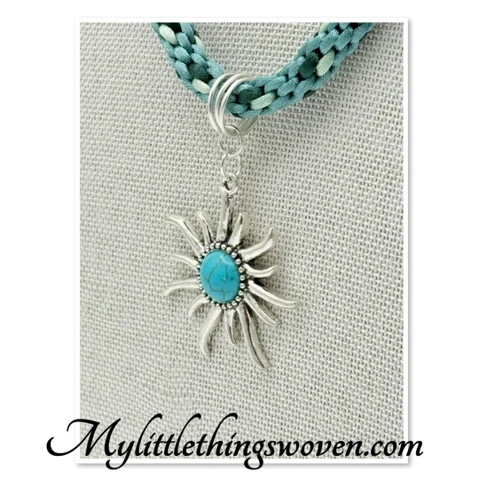 Turquoise Sun Star Pendant & Necklace Kumihimo Braid Cord Silver Plated