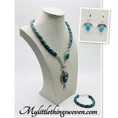 Turquoise Blue Necklace & Pendant + Bracelet + Earrings 3 piece set Handmade