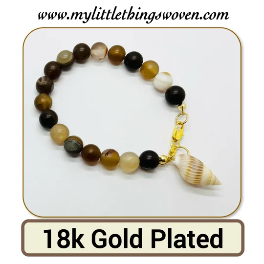 Brown Banded Striped Agate Natural Stone Bead Bracelet + shell dangle charm in Silver or Gold