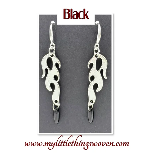 Real Silver Flame Dangle Drop Beaded Earrings in Red or Black