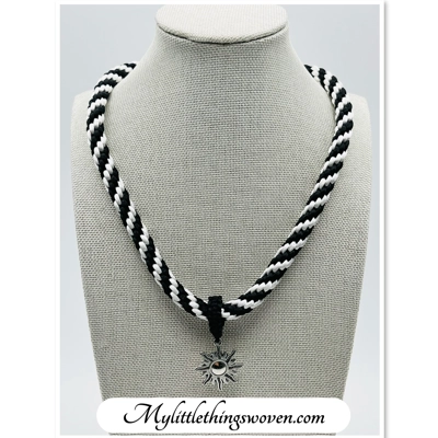 Silver Sun Star Pendant & Necklace Black And White Spiral Hand Braided Silk 18"