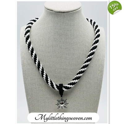Silver Sun Star Pendant & Necklace Black And White Spiral Hand Braided Silk 18"