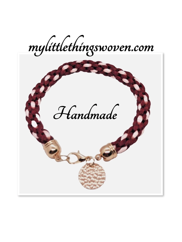 Red Kumihimo Braided Bracelet And Medallion Charms, Rose Gold