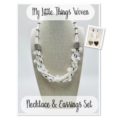 White Silk &  Pearl Heart Bridal Multi-strand Necklace & 925 Silver Earrings Set