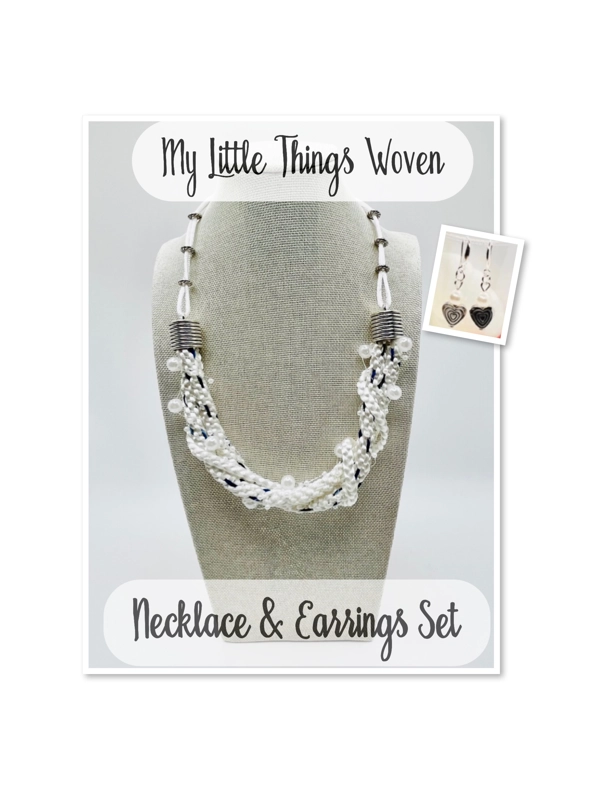 White Silk &  Pearl Heart Bridal Multi-strand Necklace & 925 Silver Earrings Set