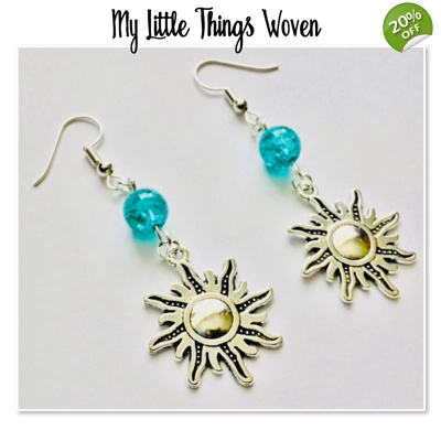 Silver Plated Turquoise Beaded Earrings with Sunburst Charm. Dangle Drop Boho Earrings