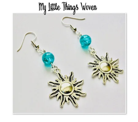 Silver Plated Turquoise Beaded Earrings with Sunburst Charm. Dangle Drop Boho Earrings