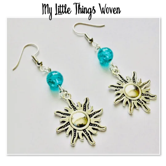Silver Plated Turquoise Beaded Earrings with Sunburst Charm. Dangle Drop Boho Earrings