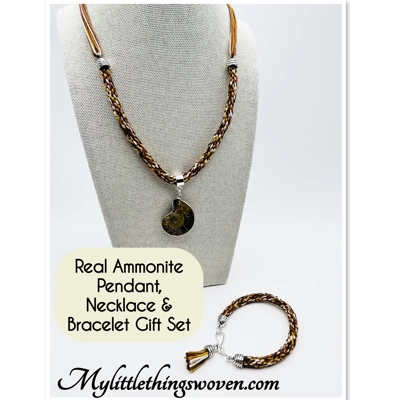 Brown Ammonite Fossil Necklace & Pendant + Bracelet 2 piece set Handmade Brown Multi