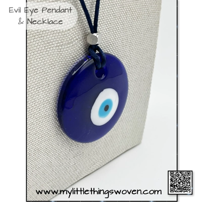 Murano Glass Evil Eye Pendant & Necklace Blue, 20" Long Silk Cord