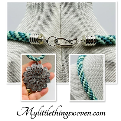 Flower Pendant & Necklace Green Cord Silver