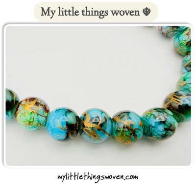 Turquoise/Gold 8mm Round Opaque Glass Draw bench Style Beaded Bracelet, Gold Plated, Handmade