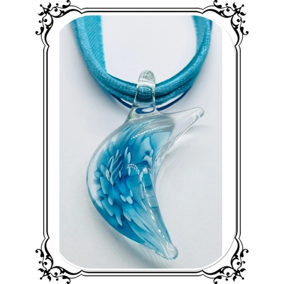 Murano Lamp-work Glass Crescent Moon Pendant & Necklace, Blue or Green