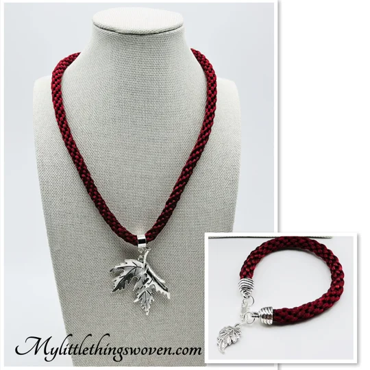 Leaf Pendant & Necklace And Charm Bracelet, Handwoven Silk,Silver