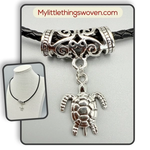 Silver Turtle Pendant & Necklace, Real Leather Cord, Adjus..