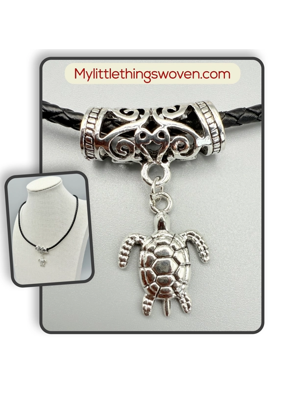 Silver Turtle Pendant & Necklace, Real Leather Cord, Adjustable Length