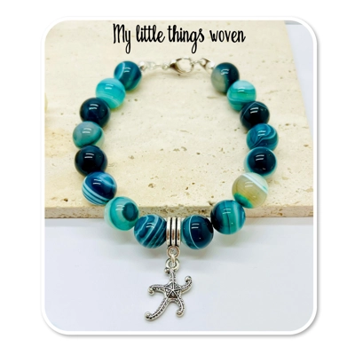 Blue natural stone striped agate beaded bracelet & starfish dangle charm silver