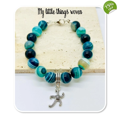 Blue natural stone striped agate beaded bracelet & starfish dangle charm silver