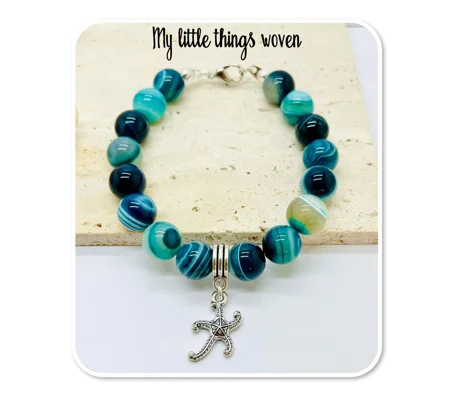 Blue natural stone striped agate beaded bracelet & starfish dangle charm silver