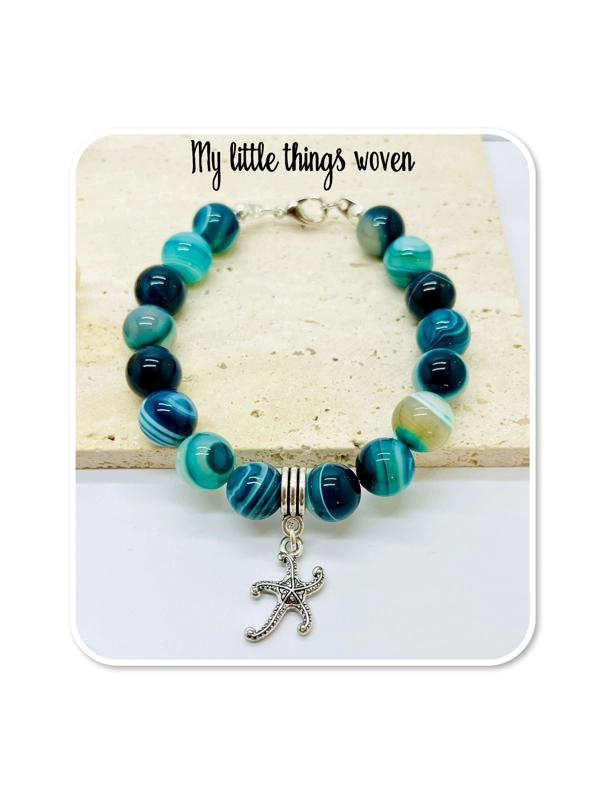 Blue natural stone striped agate beaded bracelet & starfish dangle charm silver