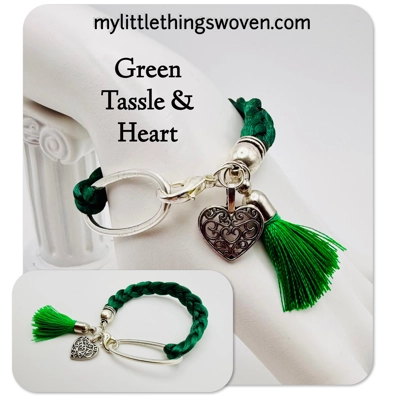 Green Braided Cord Bracelet with Heart/Tassel Dangle Charms