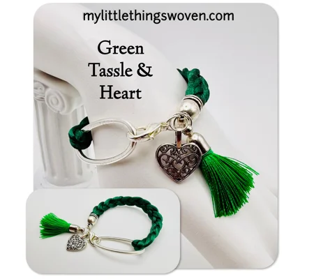 Green Braided Cord Bracelet with Heart/Tassel Dangle Charms