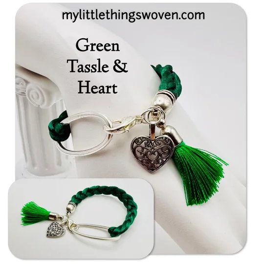 Green Braided Cord Bracelet with Heart/Tassel Dangle Charms