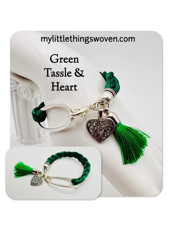 Green Braided Cord Bracelet with Heart/Tassel Dangle Charms