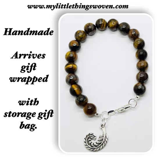 Tigers Eye Natural Stone Bead Bracelet choice of dangle charm Silver925