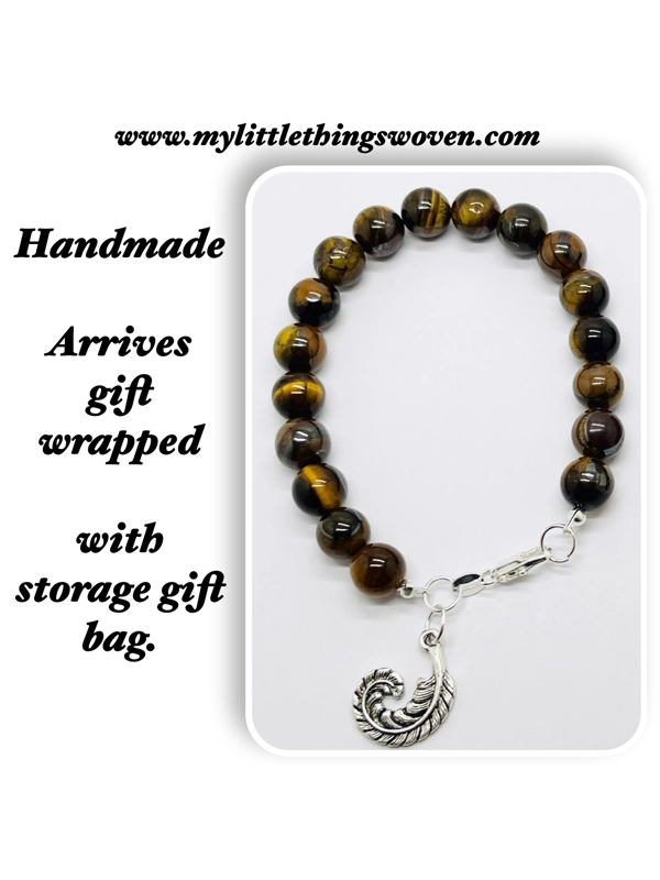 Tigers Eye Natural Stone Bead Bracelet choice of dangle charm Silver925
