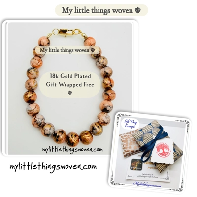 Chocolate/Brown 8mm Round Opaque Draw bench style, Beaded Bracelet, Gold Plated, Handmade