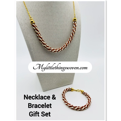 Gold Two-Toned Brown And Cream Necklace And Bracelet 2 Piece Set